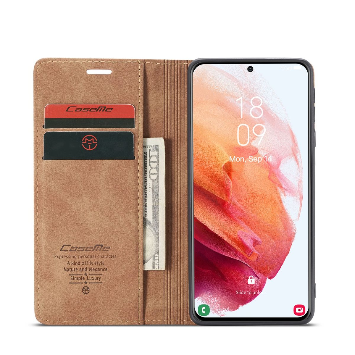 Braune Leder-Handyhülle mit Karten und Bargeld im Inneren. Ein Telefon zeigt Datum und Uhrzeit an.