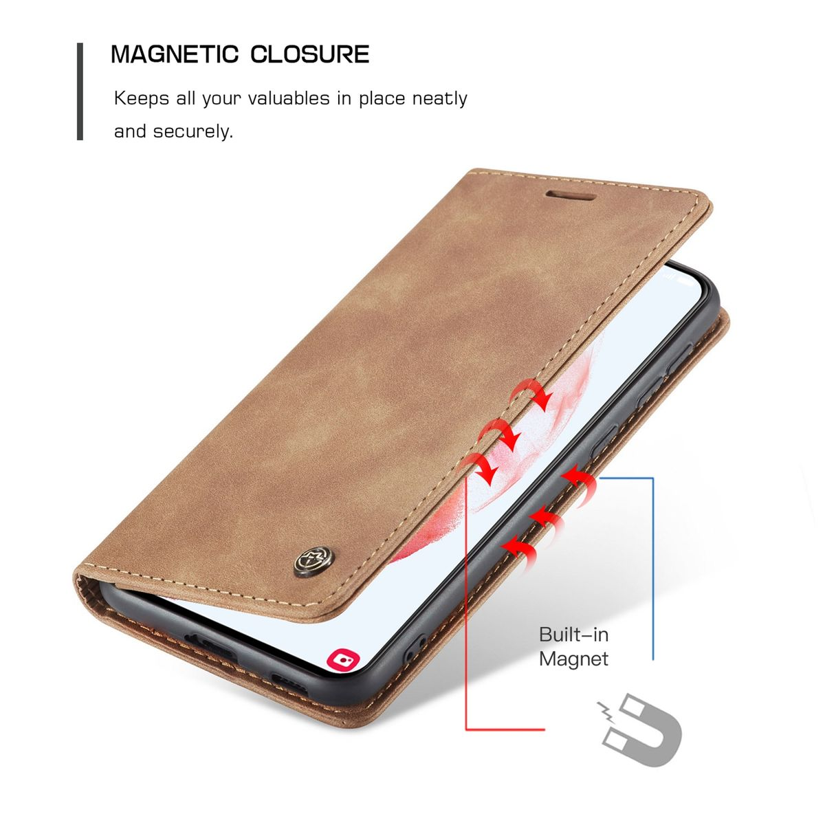 Braune Leder-Handyhülle geöffnet, um ein Telefon mit Bildschirm zu zeigen. Pfeile und Magnet-Symbol.