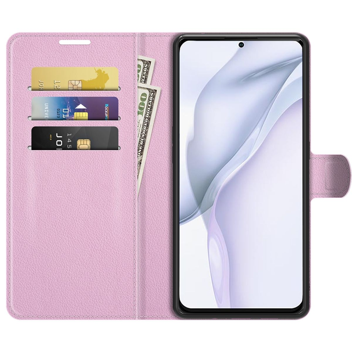 Rosa Handyhülle, offen, mit Telefon und Karten. Telefon rechts, rosa Innenraum. Karten und Dollarnote in den linken Schlitzen.