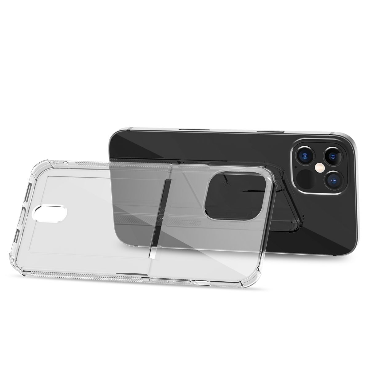 Klare Handyhülle auf schwarzem Telefon, neben einem anderen schwarzen Telefon.