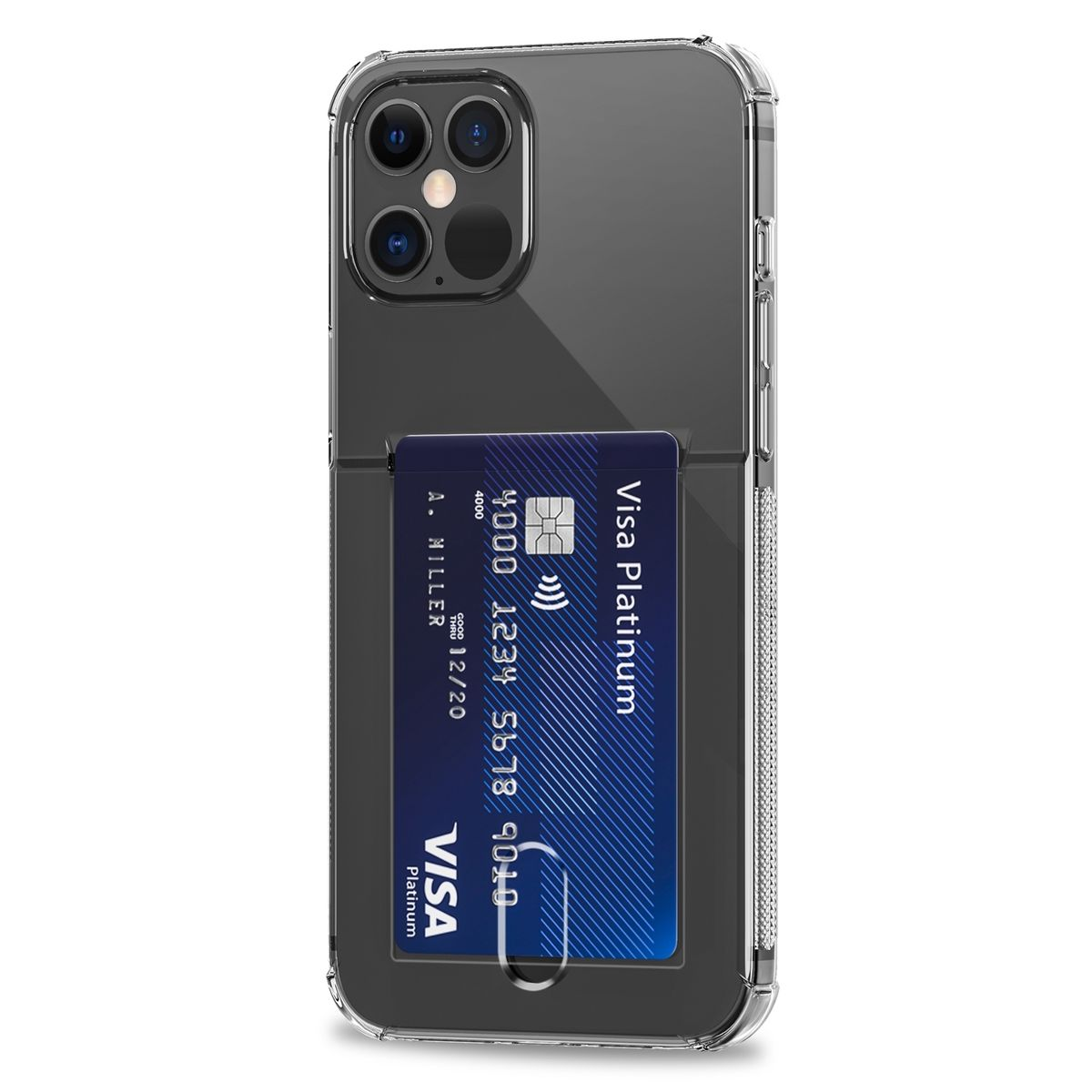 Transparente Handyhülle mit Kartenfach. Eine Visa-Karte ist in den Schlitz eingesetzt.