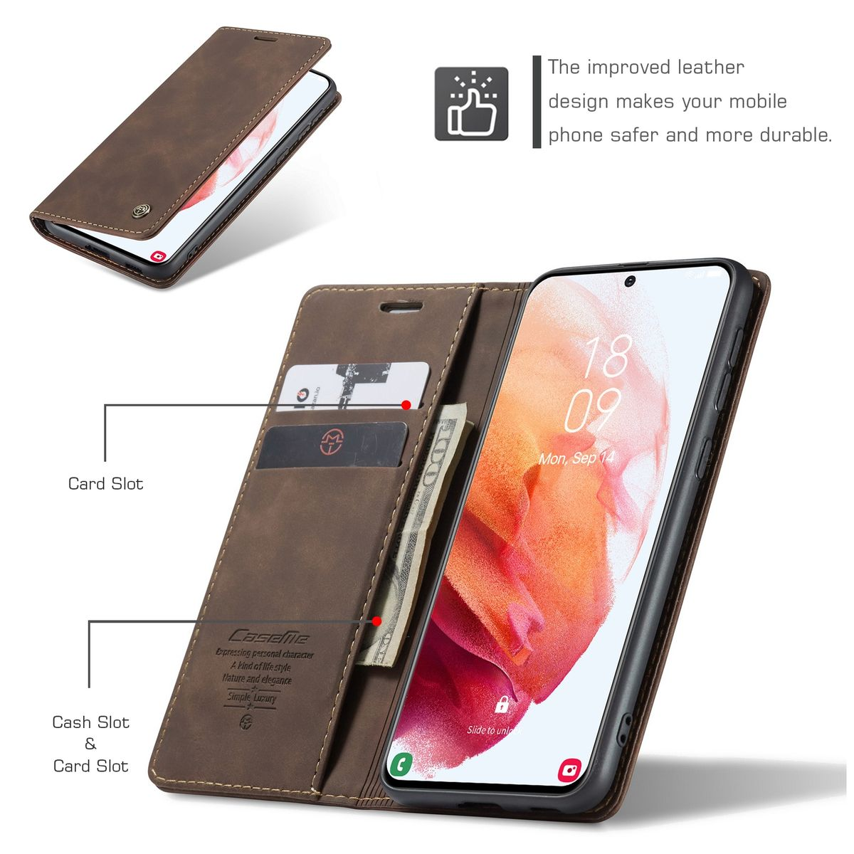 Geöffnete braune Leder-Handyhülle mit Bargeld und Karten. Das Telefon ist geöffnet. Das Telefon zeigt ein rotes Design.