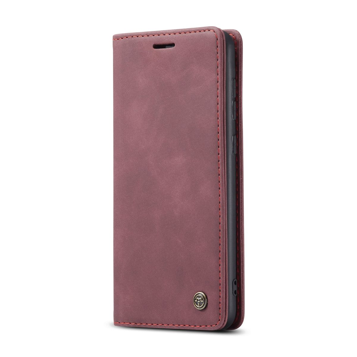 Geschlossene, weinrote Handyhülle mit roten Nähten. Einfaches Design, Fokus auf Material und Farbe.