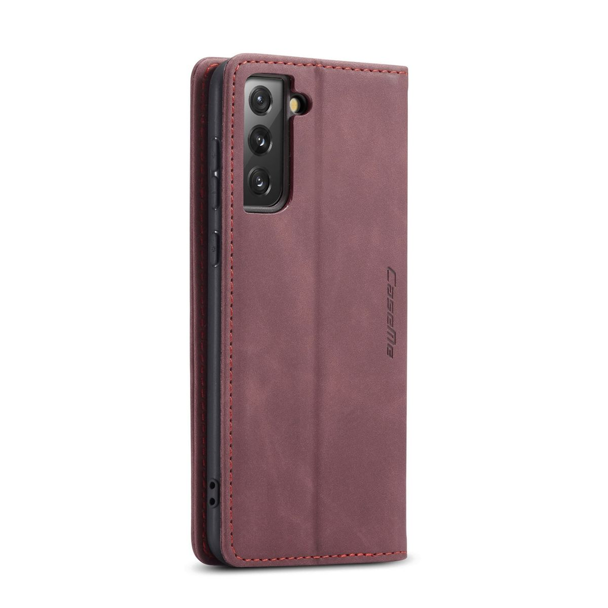 Lila Handyhülle mit Telefon, rote Nähte.