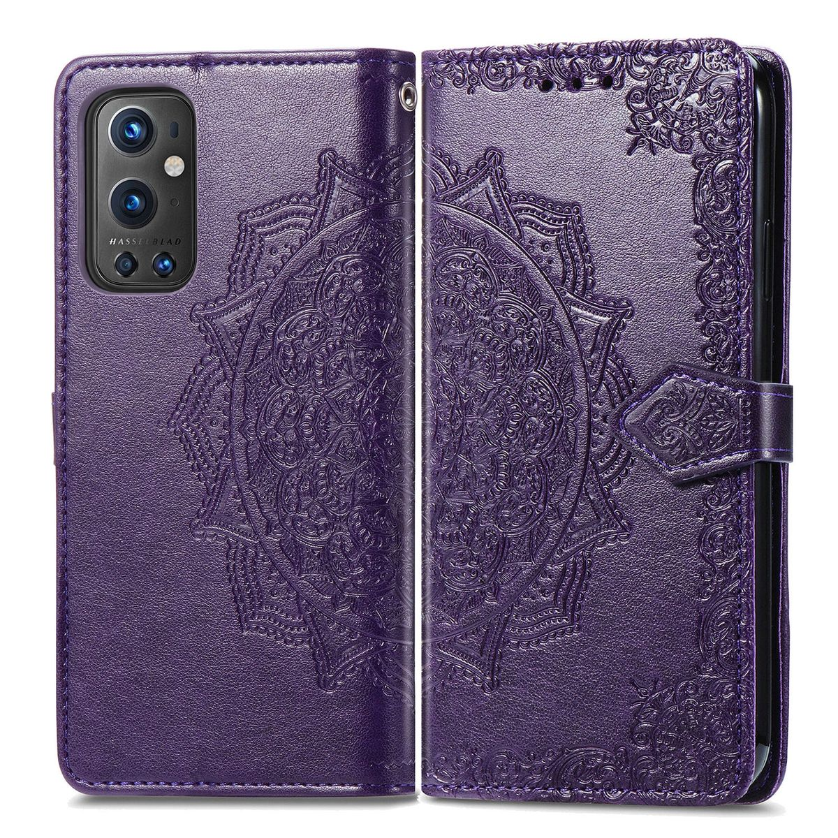 Eine lila Handyhülle mit Mandala-Design ist geöffnet und zeigt ein Telefon im Inneren.