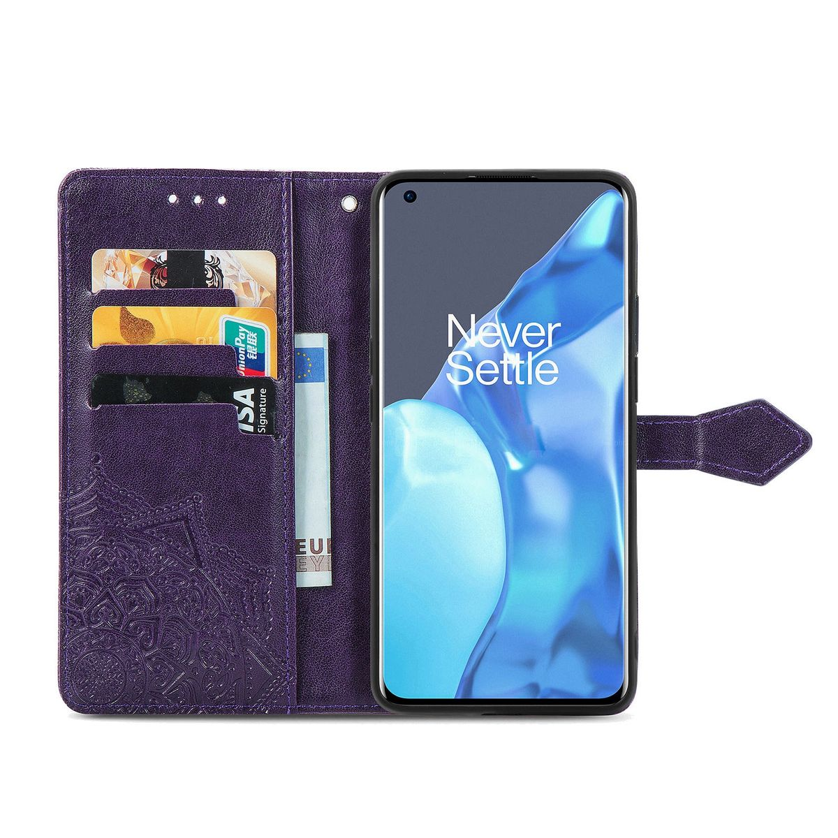 Lila Handyhülle mit Karten, einer Rechnung und einem Telefon.