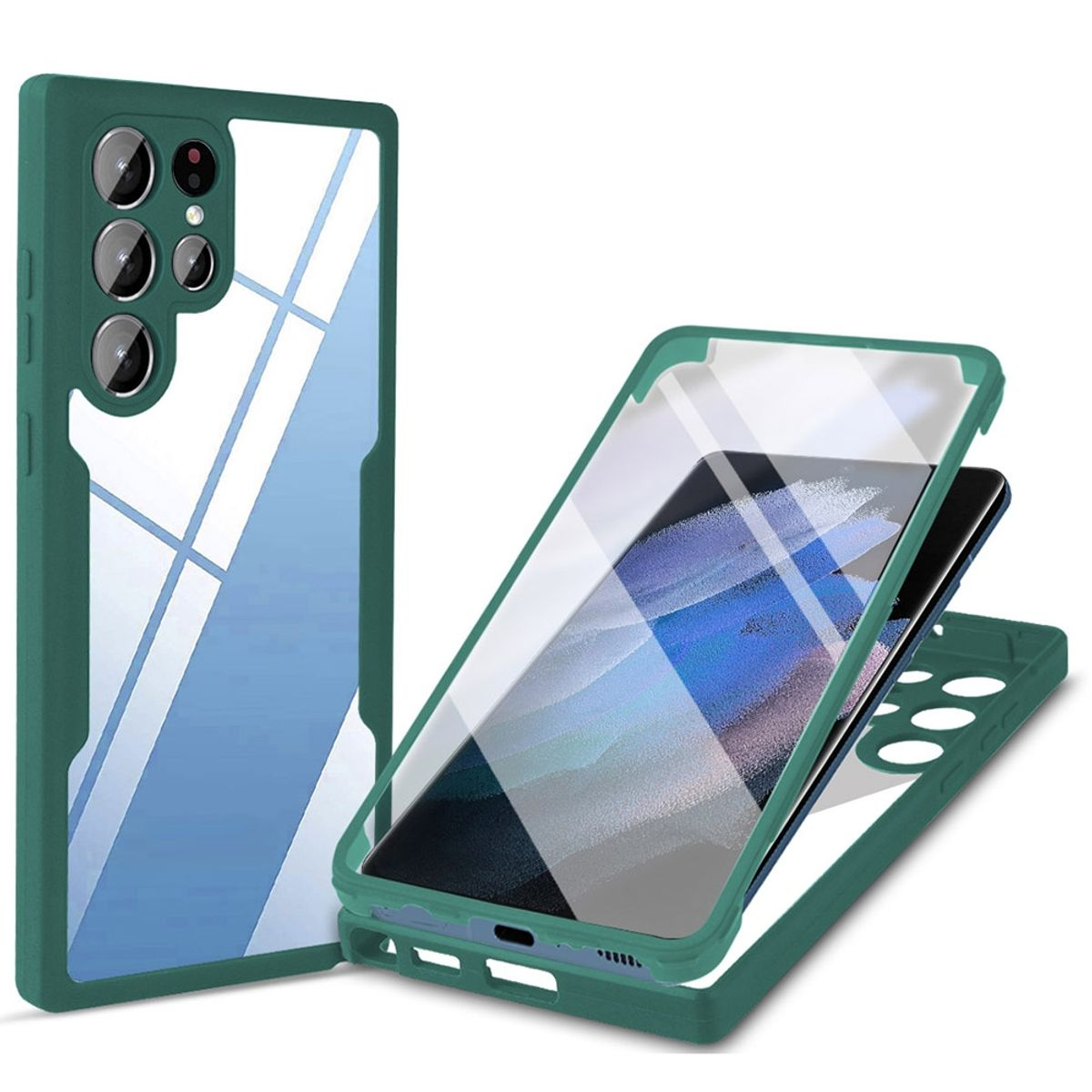 Grüne Handyhülle, transparente Rückseite, mit dem Telefon darin. Weißer Hintergrund.