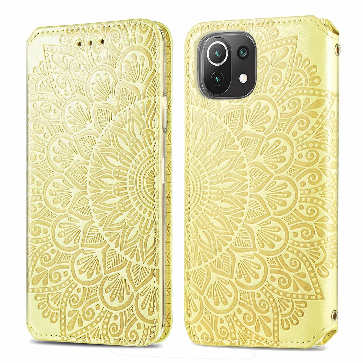 Gelbe Handyhülle mit detailliertem floralen Mandala-Design. Die Hülle ist offen und zeigt das Innere.