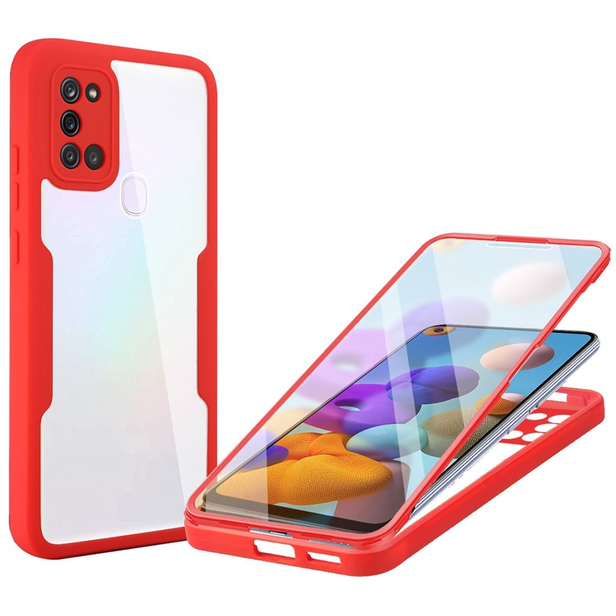 Rote Handyhülle mit durchsichtigem Rücken und einem Telefon. Die Handyhülle ist zweiteilig.