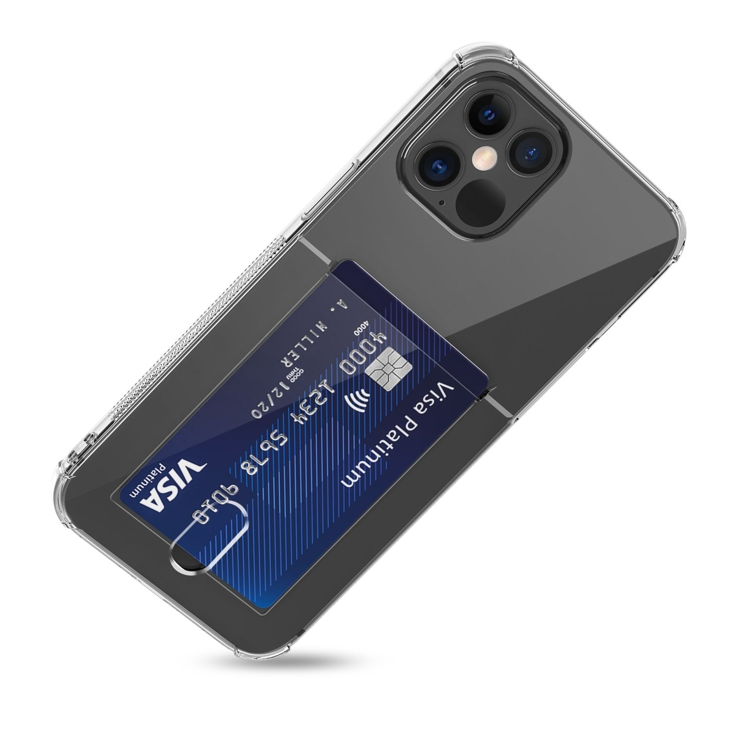 Transparente Handyhülle mit Visa-Karte. Das Telefon hat eine klare Rückseite mit schwarzen Kameras.