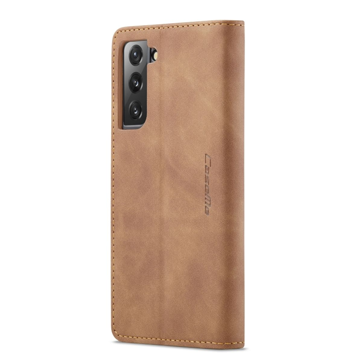 Braune Leder-Handyhülle. Samsung-Handy ist innen. Hülle hat Magnetverschluss und Markennamen.