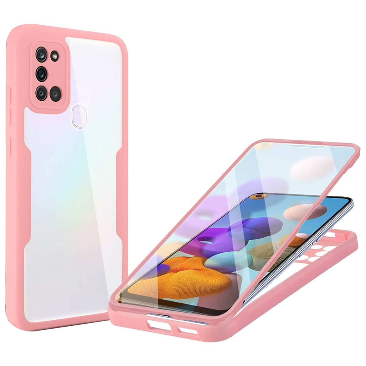 Rosa Handyhülle mit transparentem Rückenteil und Telefon darin. Die Hülle ist geöffnet.