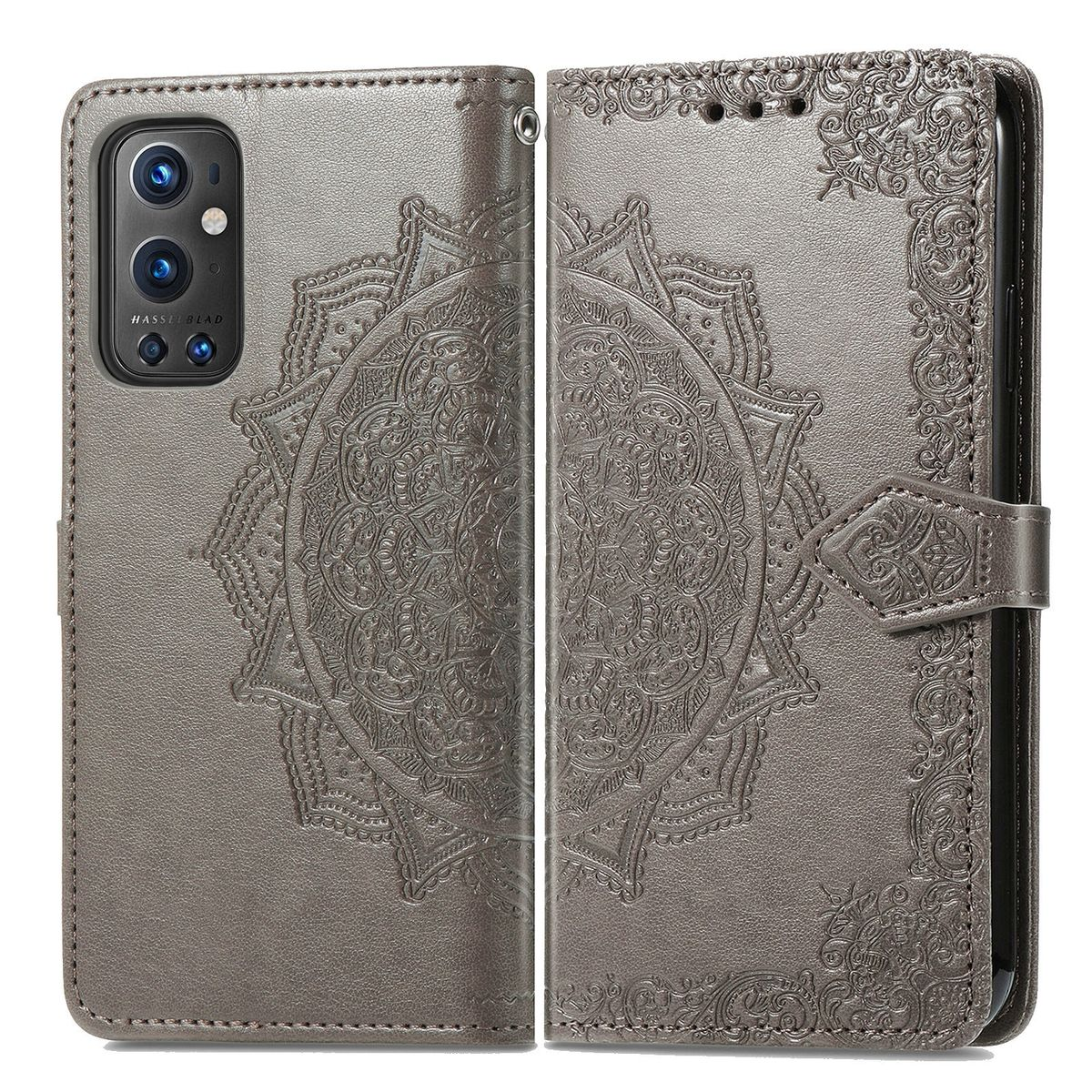 Geöffnete graue Handyhülle mit Mandala-Design auf dunkler Oberfläche. Telefon sichtbar.
