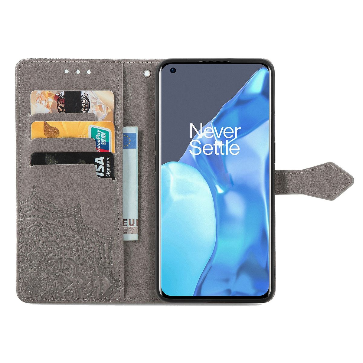 Graue Handyhülle mit Mandala-Design links und Telefon mit Bildschirm.