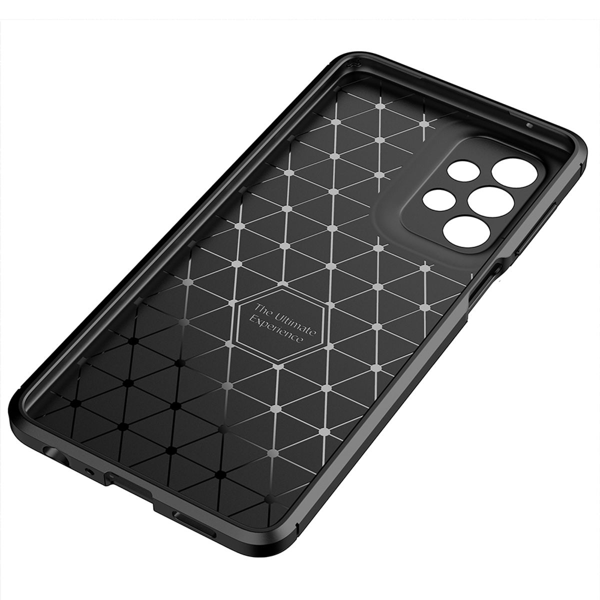 Schwarze Handyhüllenrückseite mit geometrischem Muster. The Ultimate Experience ist gedruckt.