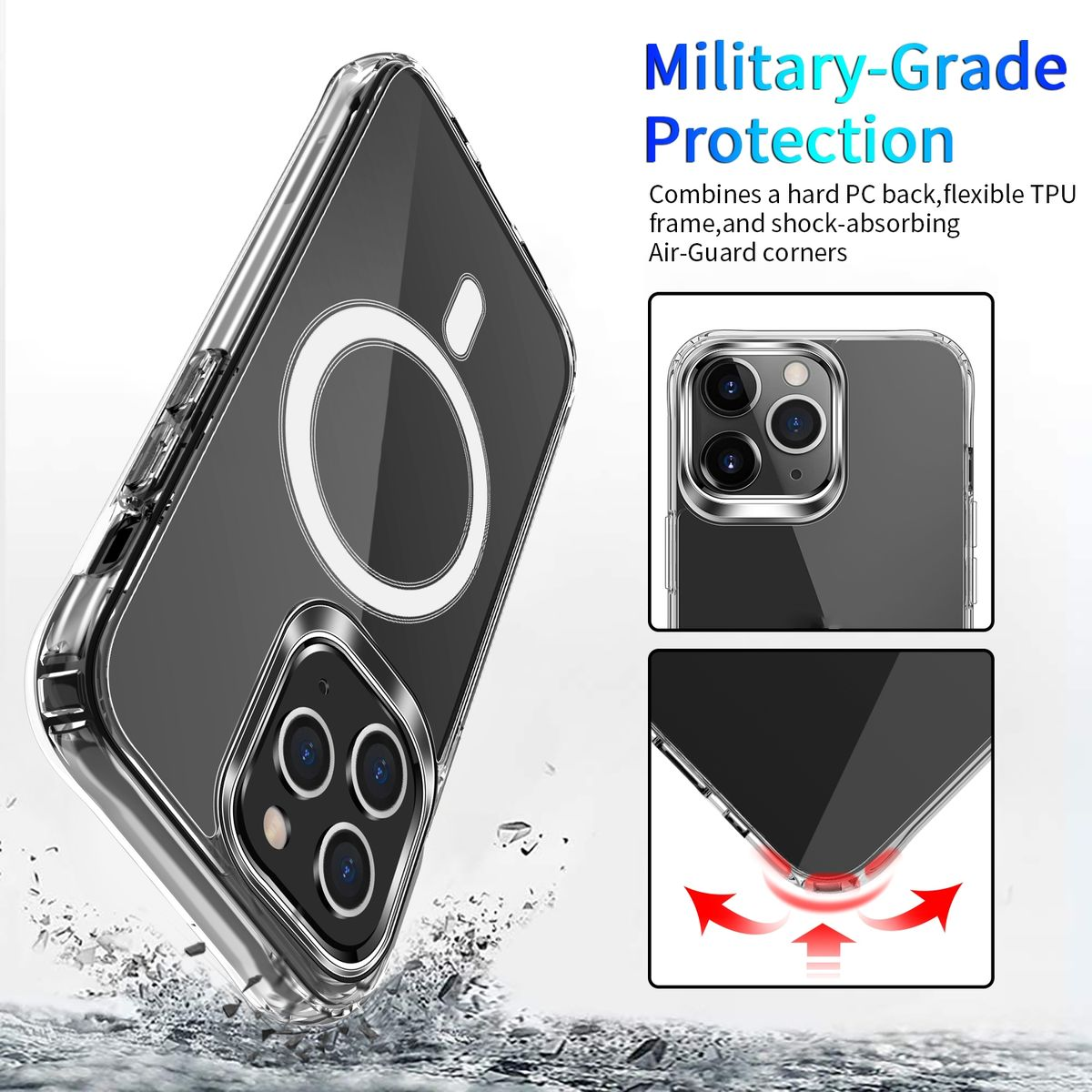 Eine transparente Handyhülle zeigt ein Telefon mit mehreren Kameras. Der Text lautet 'Military-Grade Protection'. Pfeile veranschaulichen Aufprallzonen.