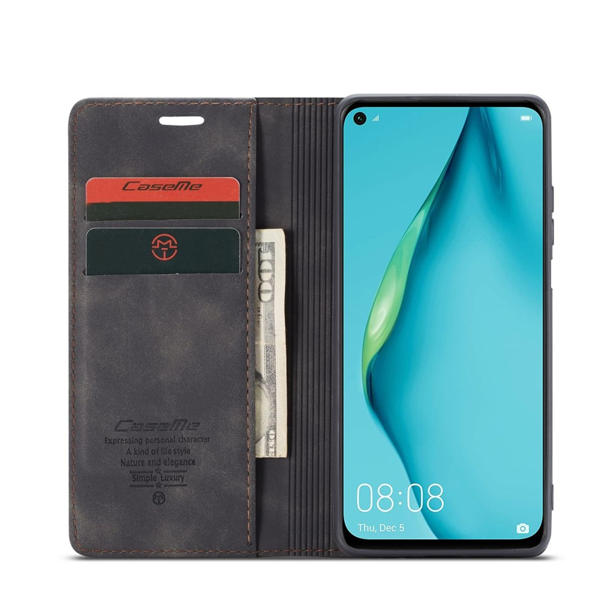 Offene Handyhülle mit Telefon, Karten und einer Rechnung. Das Telefon zeigt die Uhrzeit an. Die Hülle hat Kartenfächer.