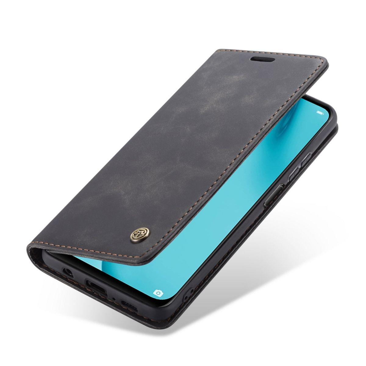 Geöffnete schwarze Leder-Handyhülle, die ein Telefon mit blauem Bildschirm zeigt. Es hat einen Knopf.