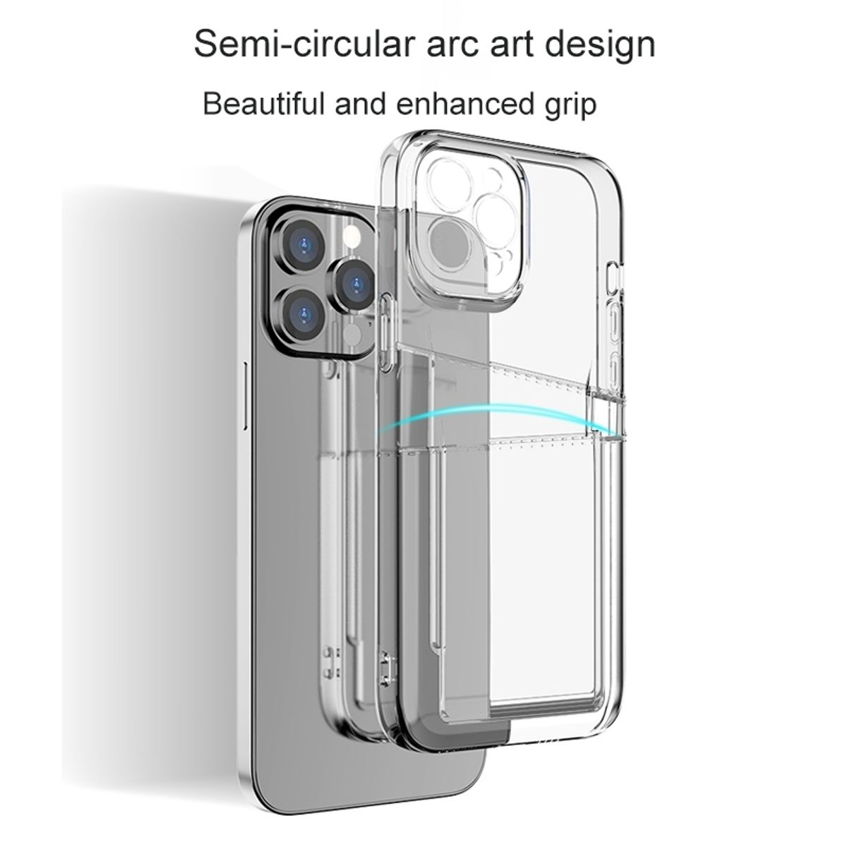 Transparente Handyhülle mit halbkreisförmigem Bogendesign, die ein Telefon zeigt.