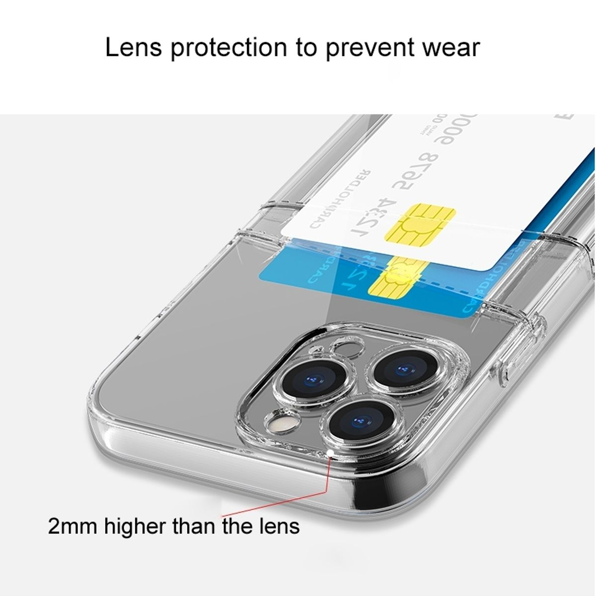 Transparente Handyhülle mit Kreditkarte, Text zum Linsenschutz. Der Hintergrund ist hell.