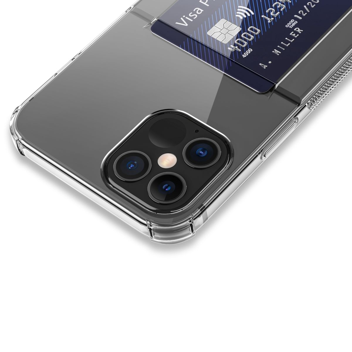 Telefon in transparenter Hülle. Eine Kreditkarte mit Visa-Logo befindet sich in der Hülle. Telefon liegt auf einem Tisch.