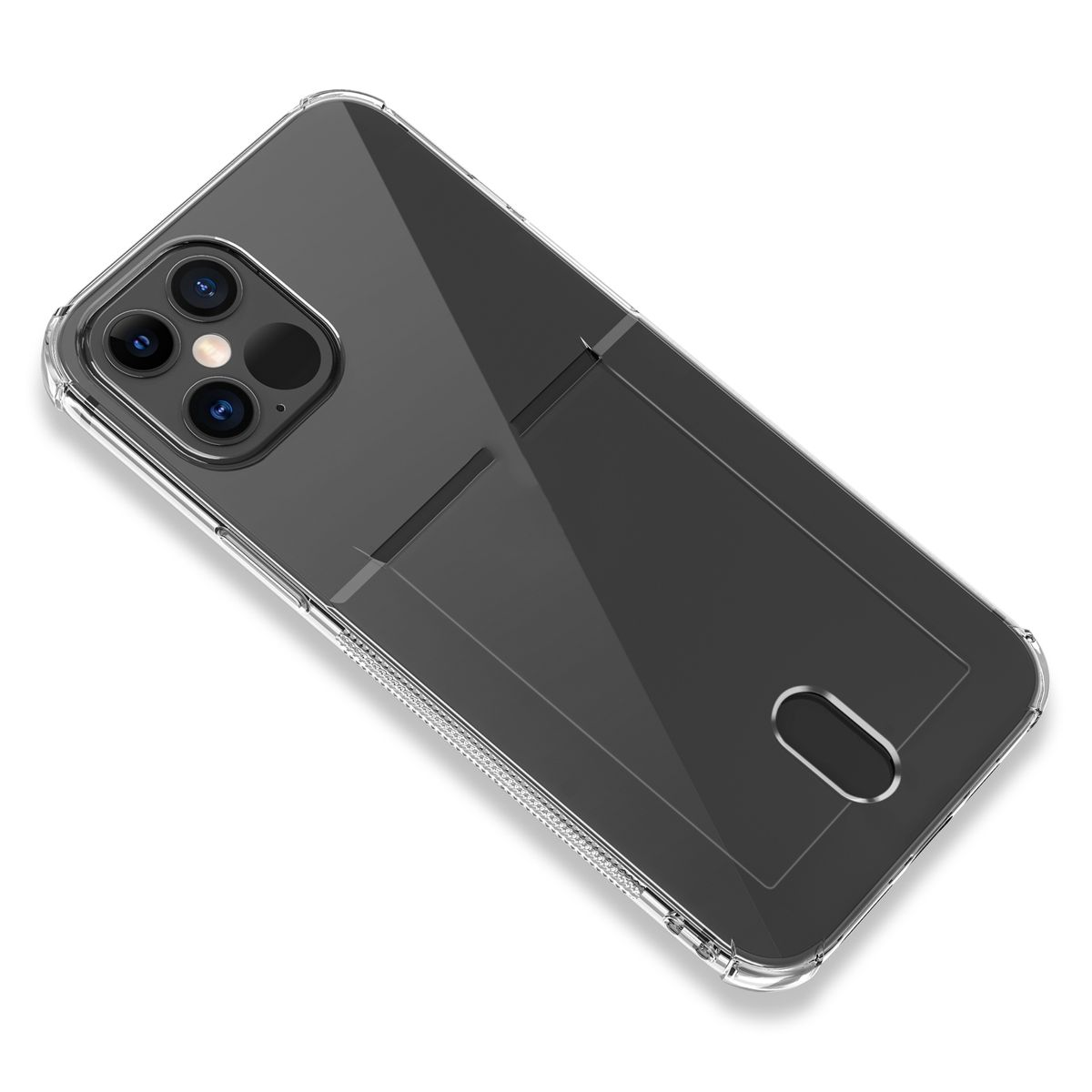 Klare Handyhülle mit Telefon. Die Hülle hat einen Kartensteckplatz auf der Rückseite.