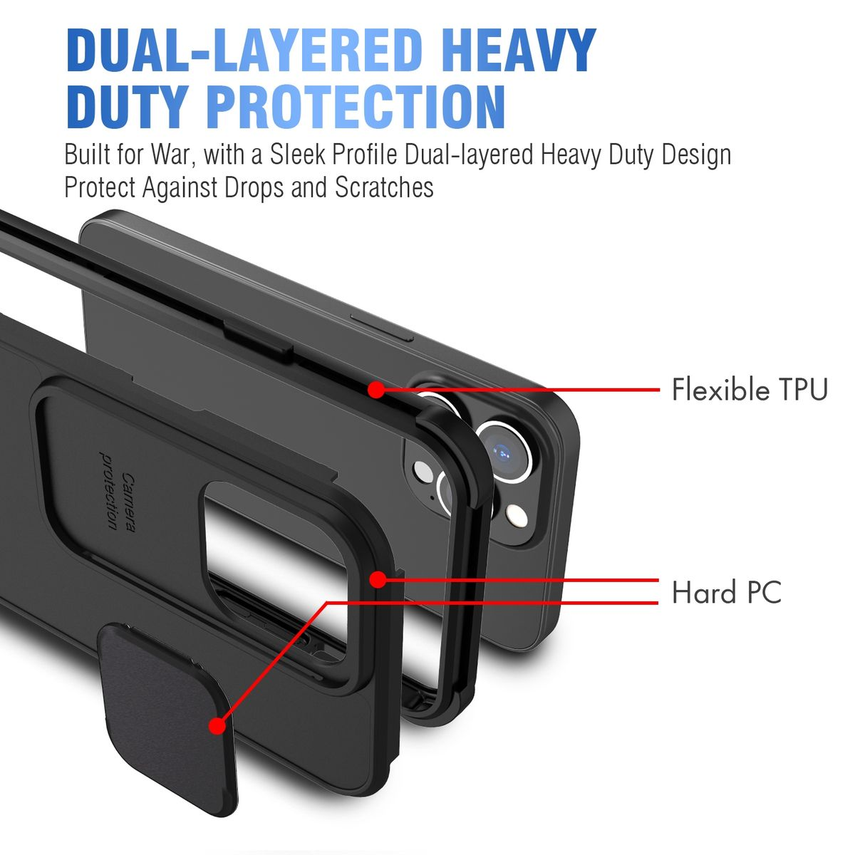 Handyhülle mit Ausschnitt, der Schutzschichten zeigt: flexibles TPU und hartes PC.