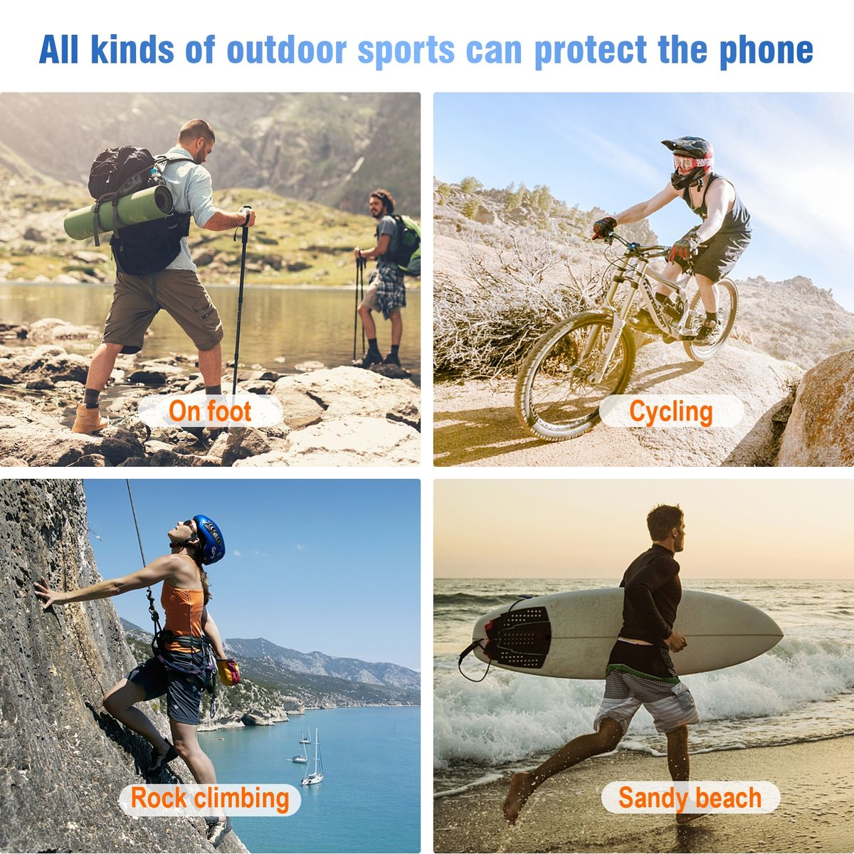 Vier Bilder, die Outdoor-Sportarten zeigen: Wandern, Radfahren, Klettern und Surfen.