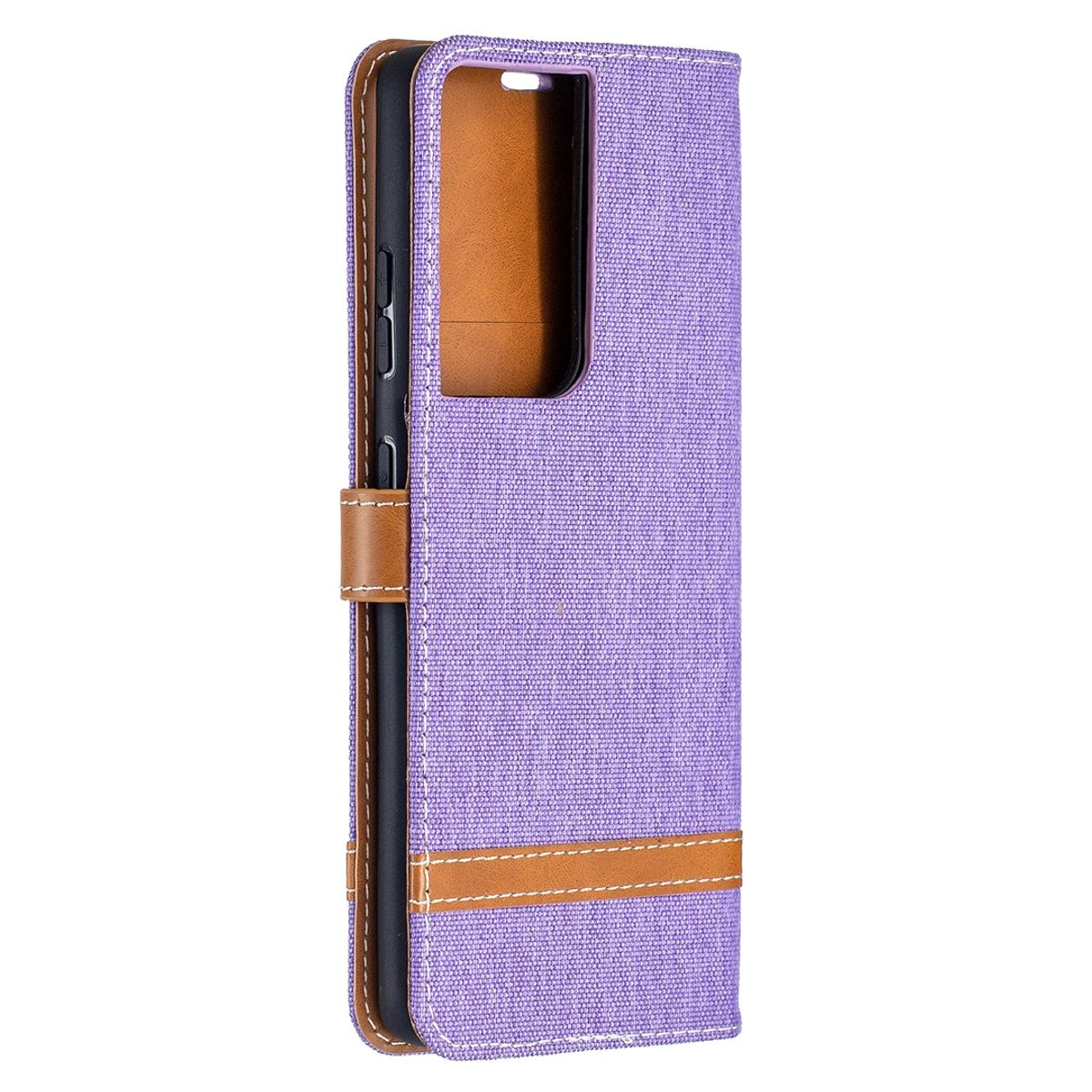 Eine hellviolette Handyhülle mit braunem Lederteil und braunem Streifen.