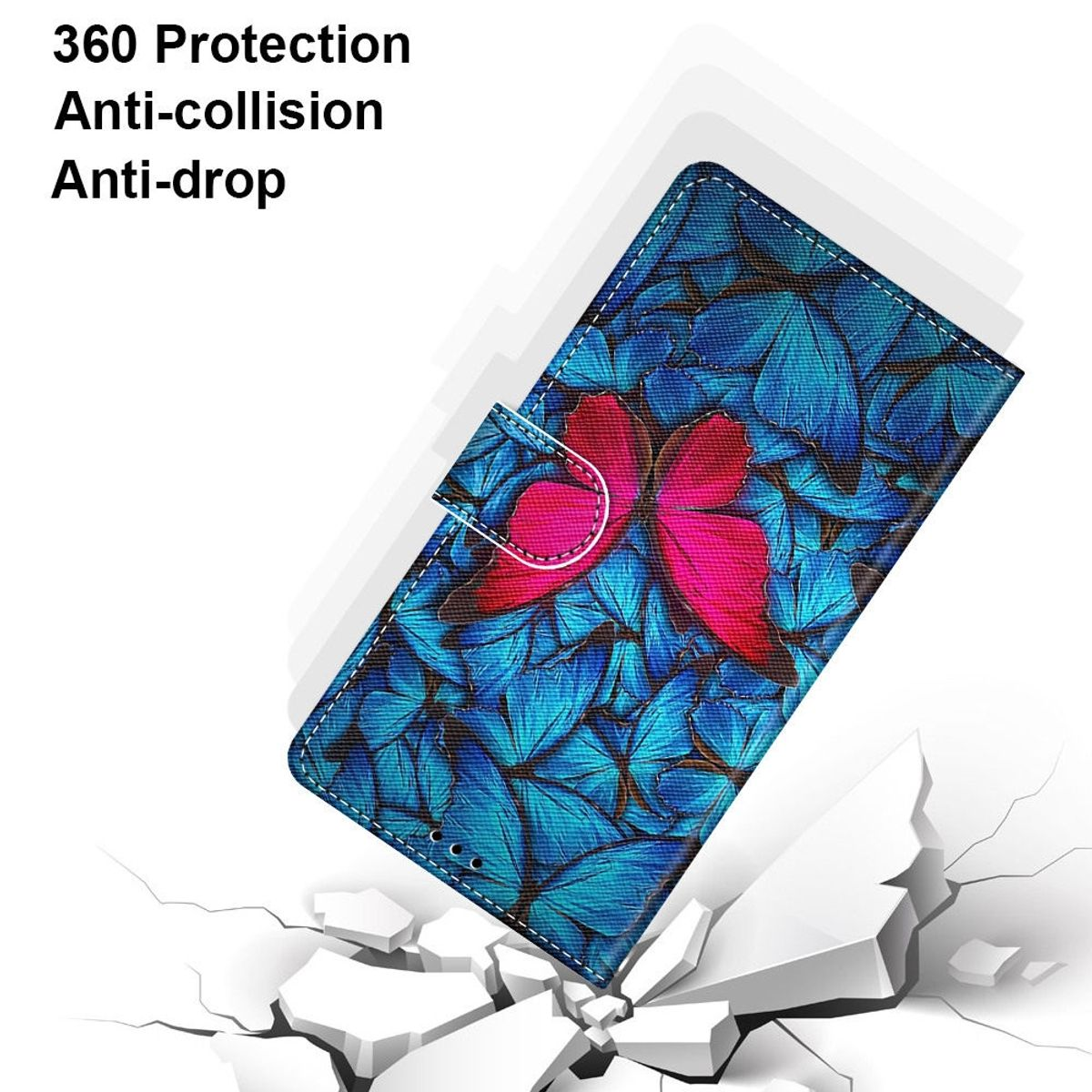 Blaue Handyhülle mit Schmetterlingsdesign. Text: 360 Schutz, Anti-Kollision, Anti-Sturz. Die Hülle ist leicht zerdrückt.