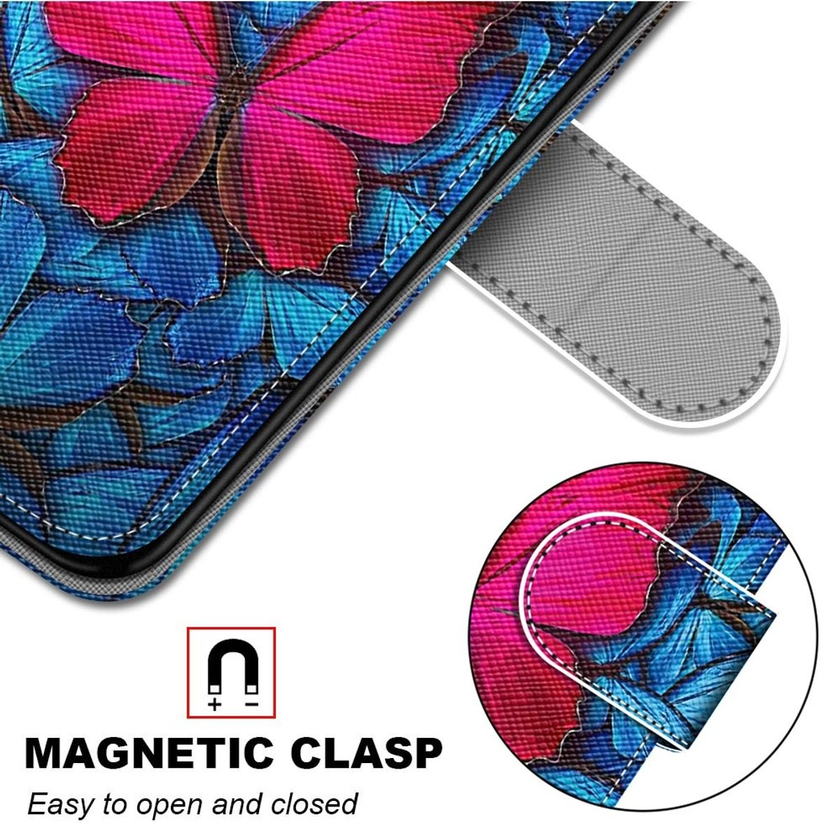 Nahaufnahme einer Handyhülle mit Schmetterlingsmuster und Magnetverschluss. Die Hülle ist pink und blau.