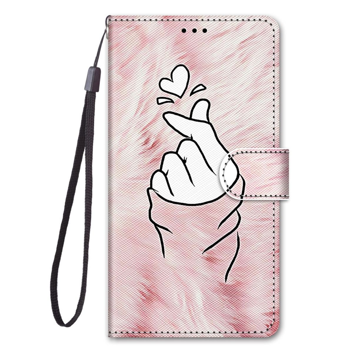 Eine pinkfarbene Handyhülle mit Handgesten-Design, mit schwarzem Band, zeigt Herzform.