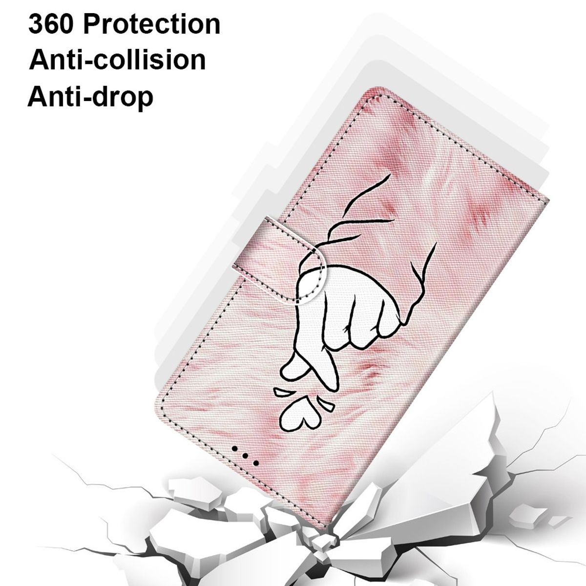 Rosa Handyhülle mit handgezeichnetem Herz. Text: 360 Schutz, Anti-Kollision, Anti-Drop.