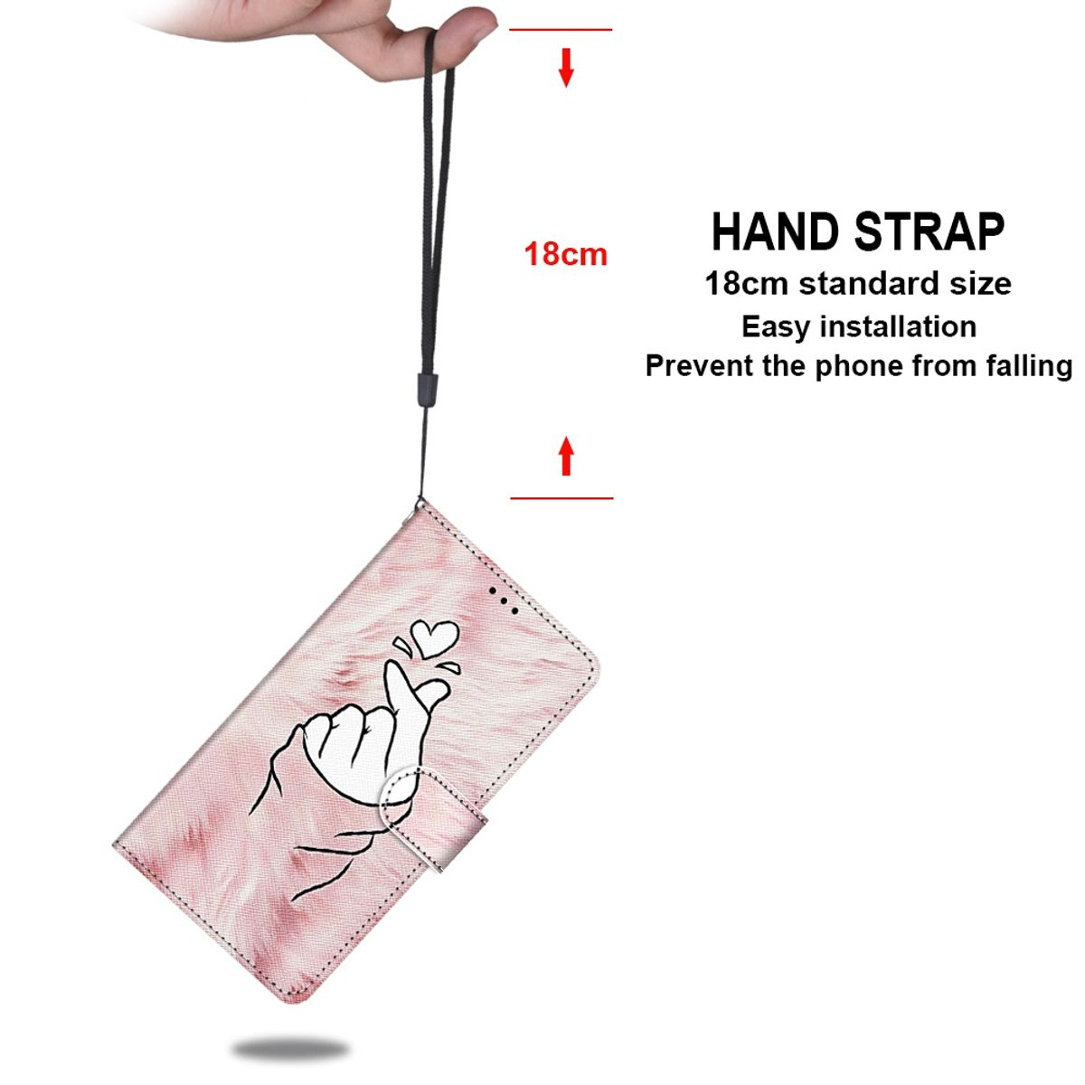 Handyhülle mit Handgesten-Design und pinkfarbenem Riemen. 18cm Standardgröße.