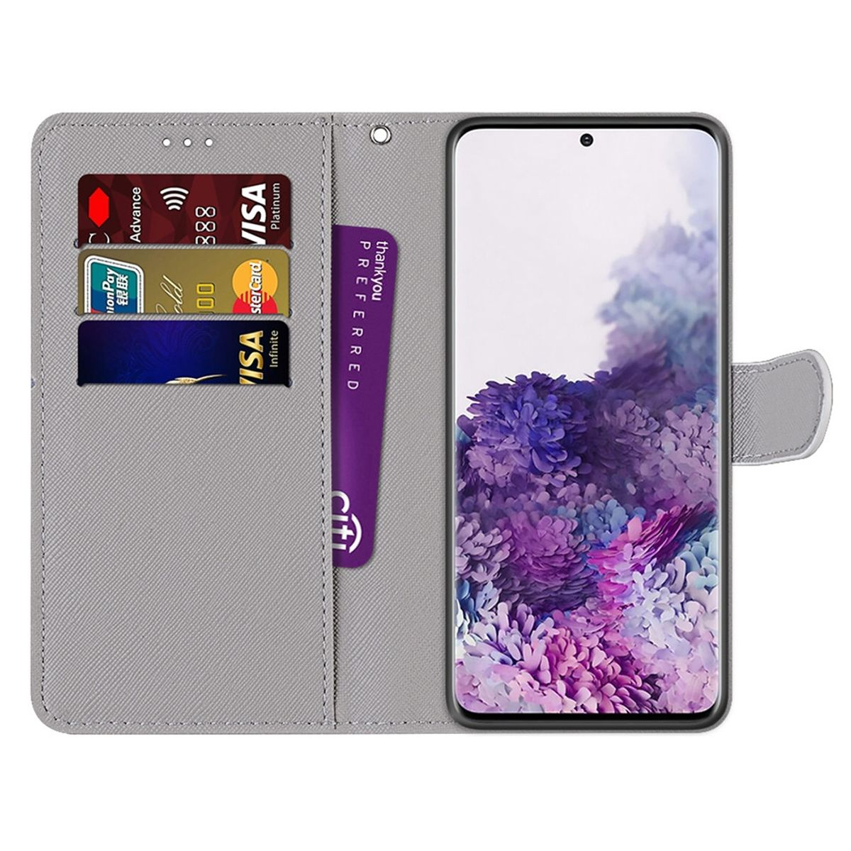 Telefon in grauem Etui, offen. Darin Kreditkarten und eine lila Karte. Der Hintergrund ist weiß.