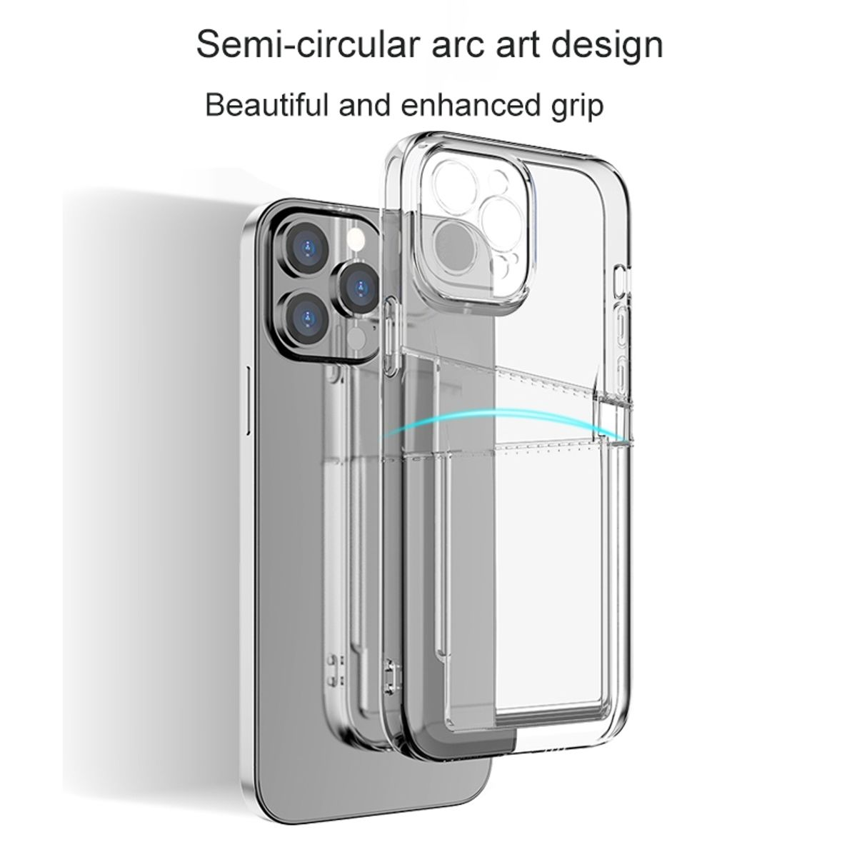 Eine transparente Handyhülle befindet sich auf einem Telefon mit geschwungenem Design und Kameraausschnitten.