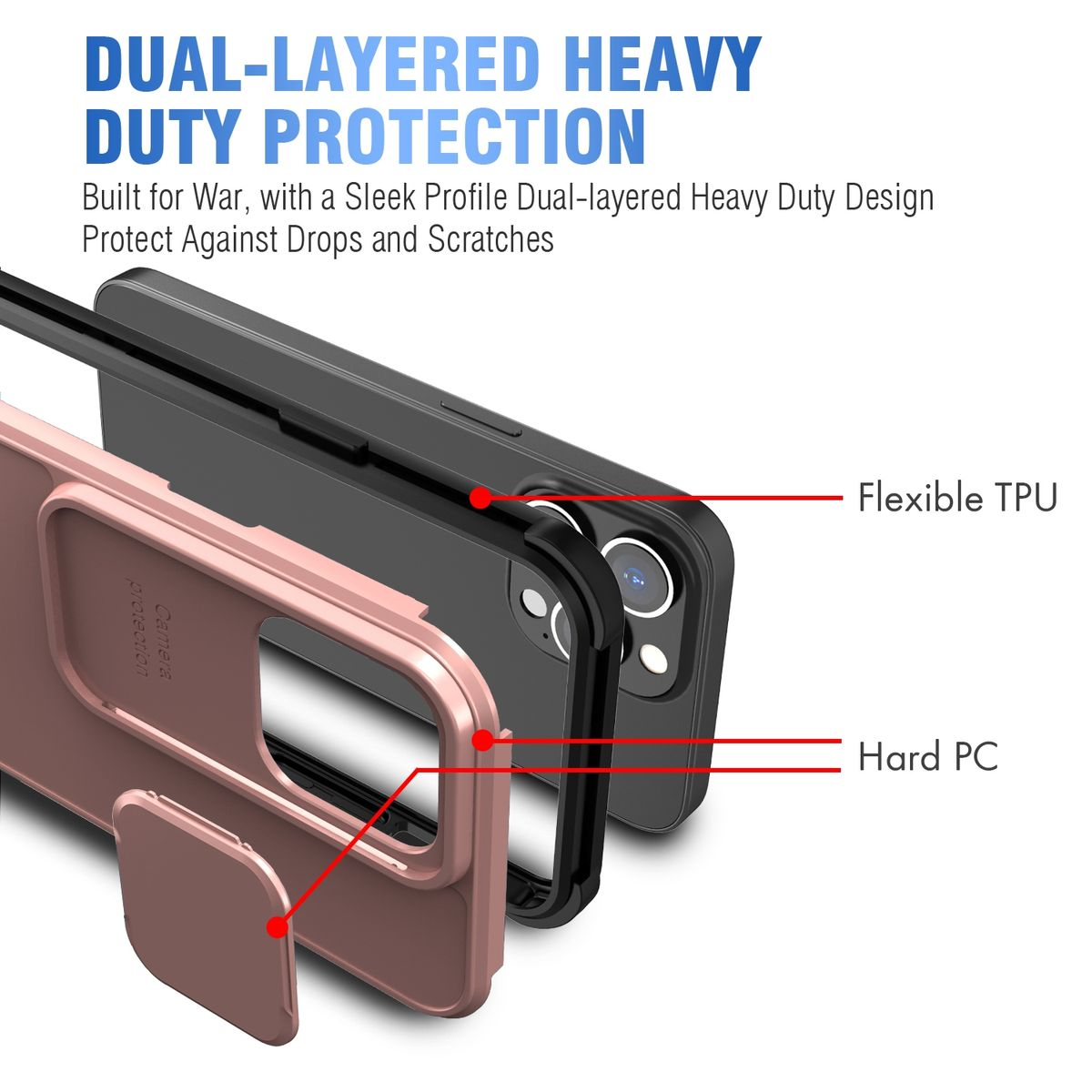 Handyhüllen-Schichten: rosa, schwarz und bronze. Zeigt flexibles TPU und hartes PC.