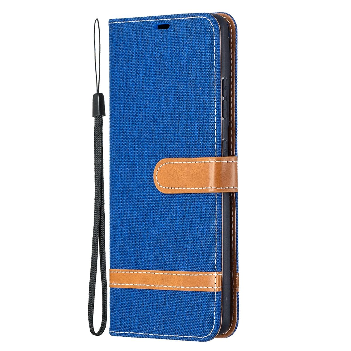 Eine blaue Handyhülle mit braunem Streifen. Die Hülle hat einen schwarzen Riemen.