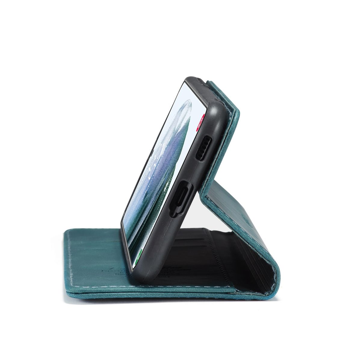 Eine türkisfarbene Handyhülle mit einem aufrecht stehenden Telefon. Der Bildschirm des Telefons ist sichtbar.