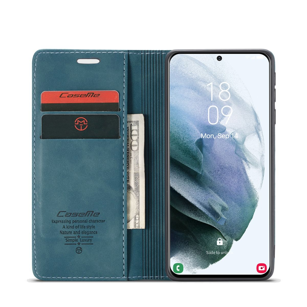 Eine blaue Telefon-Geldbörsen-Hülle mit Karten, Bargeld und einem Telefon, das den Startbildschirm anzeigt.