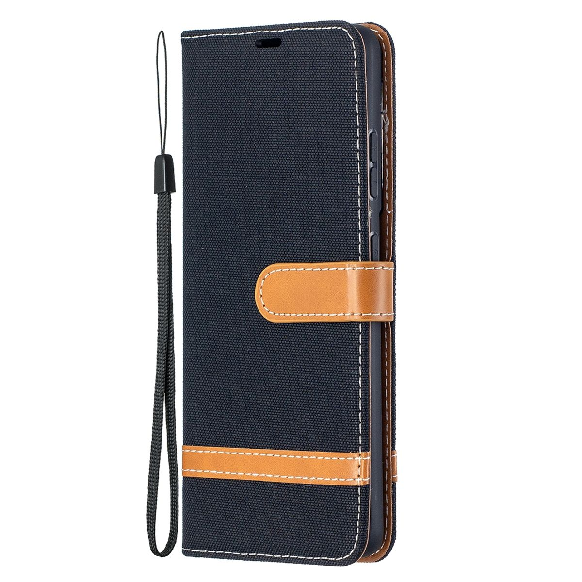 Dunkelblaue Handyhülle mit braunem Riemen und Verschluss. Inklusive Lanyard.