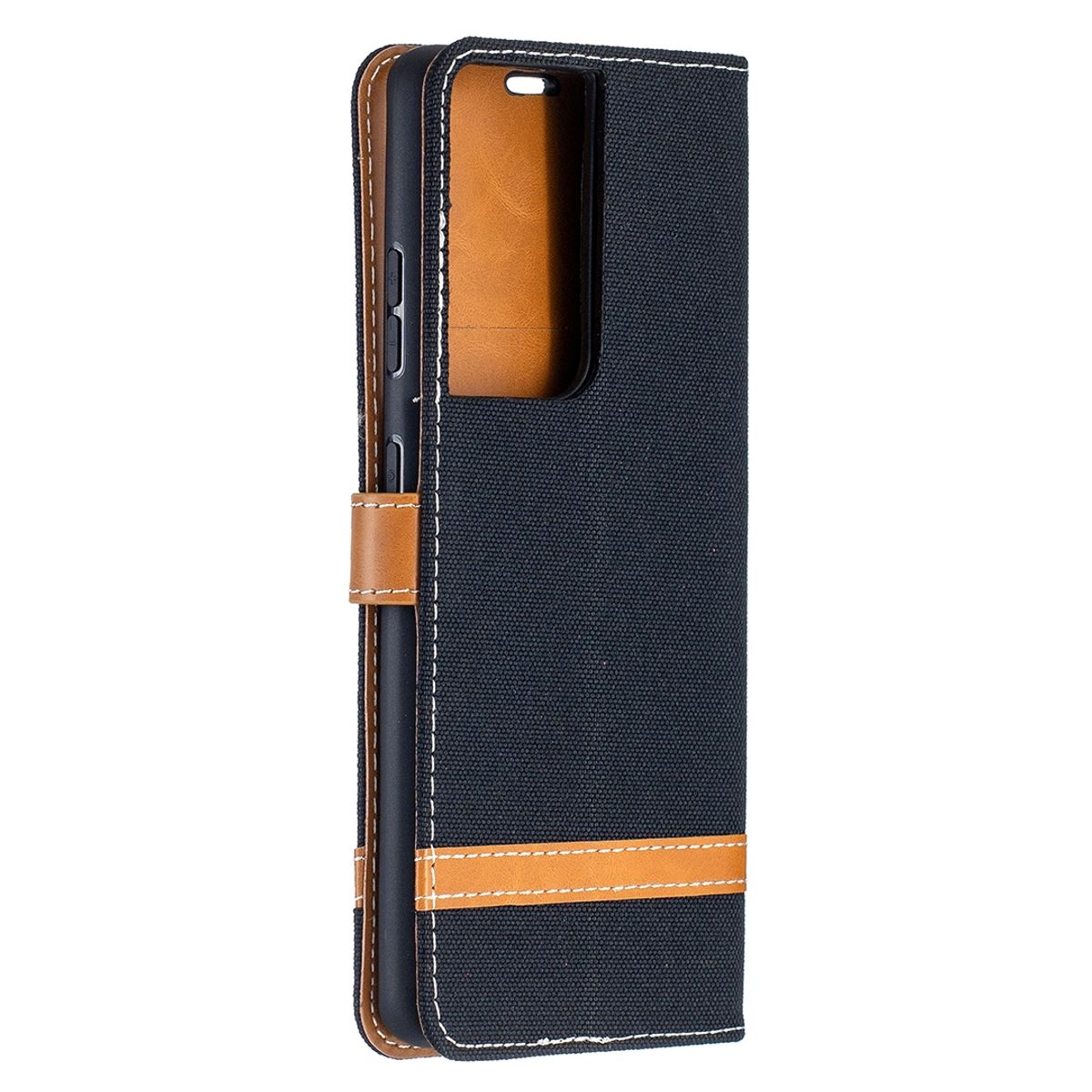 Blau-braune Handyhülle, geöffnet, mit einem Telefon darin.