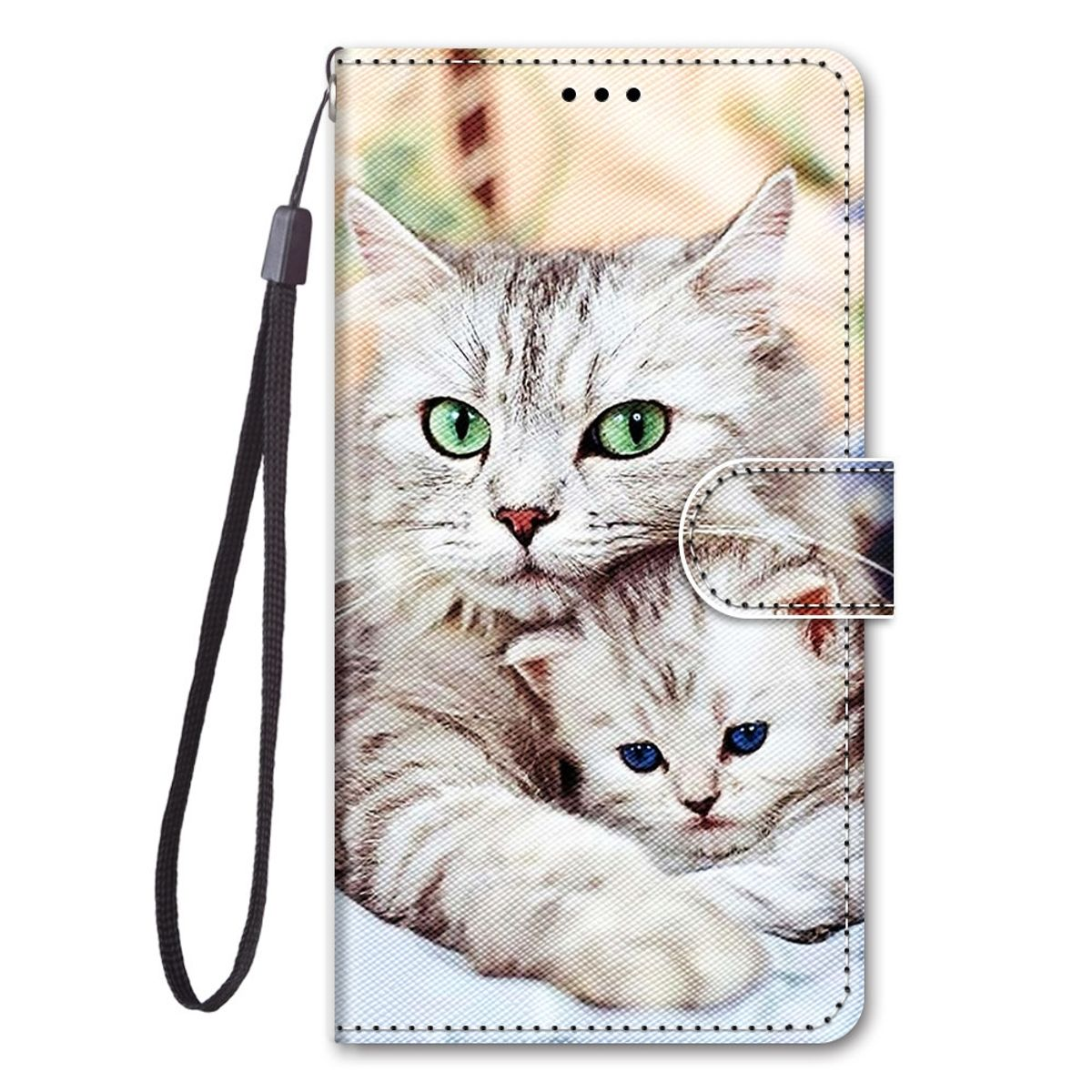 Handyhülle mit zwei sich umarmenden Katzen. Eine Katze hat grüne Augen, die andere blaue.