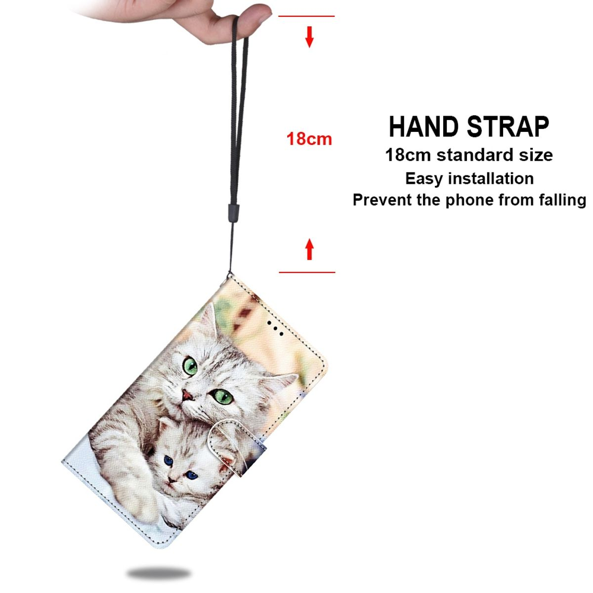 Offene Handyhülle mit einem Bild von zwei Katzen. Es hat eine Handschlaufe, 18 cm lang.