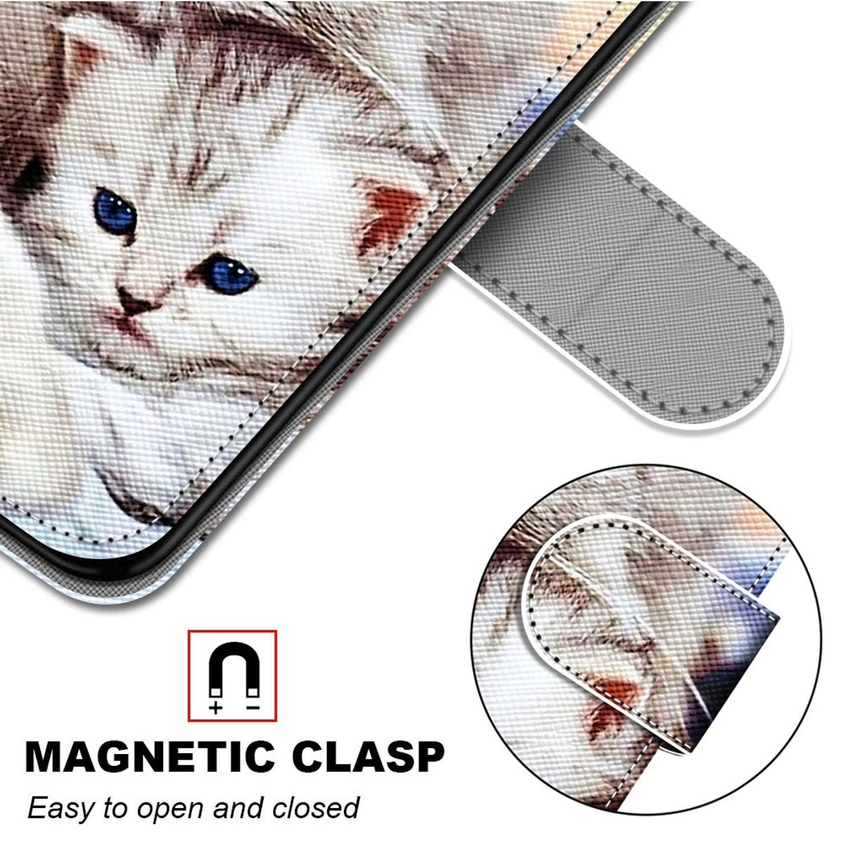 Nahaufnahme einer Handyhülle mit Katzenbild und Magnetverschluss. Die Katze hat blaue Augen.