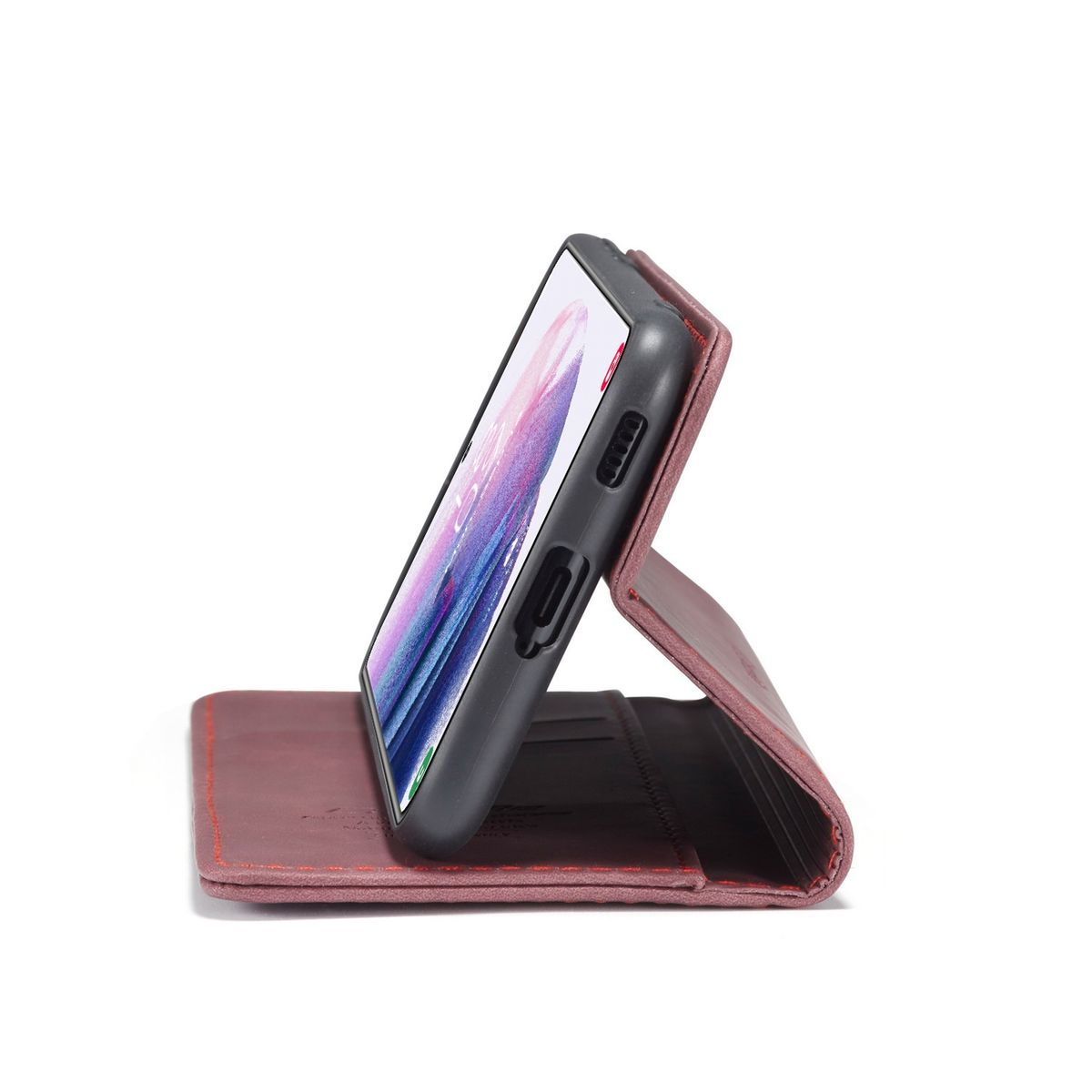 Rote Handyhülle offen. Telefon steht in der Hülle.