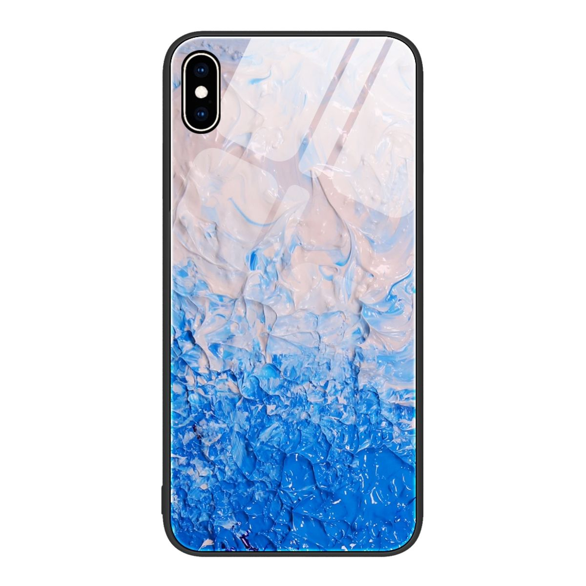 Handyhülle mit abstraktem Gemäldedesign in Weiß-Blau-Verlauf. Es hat einen schwarzen Rand.