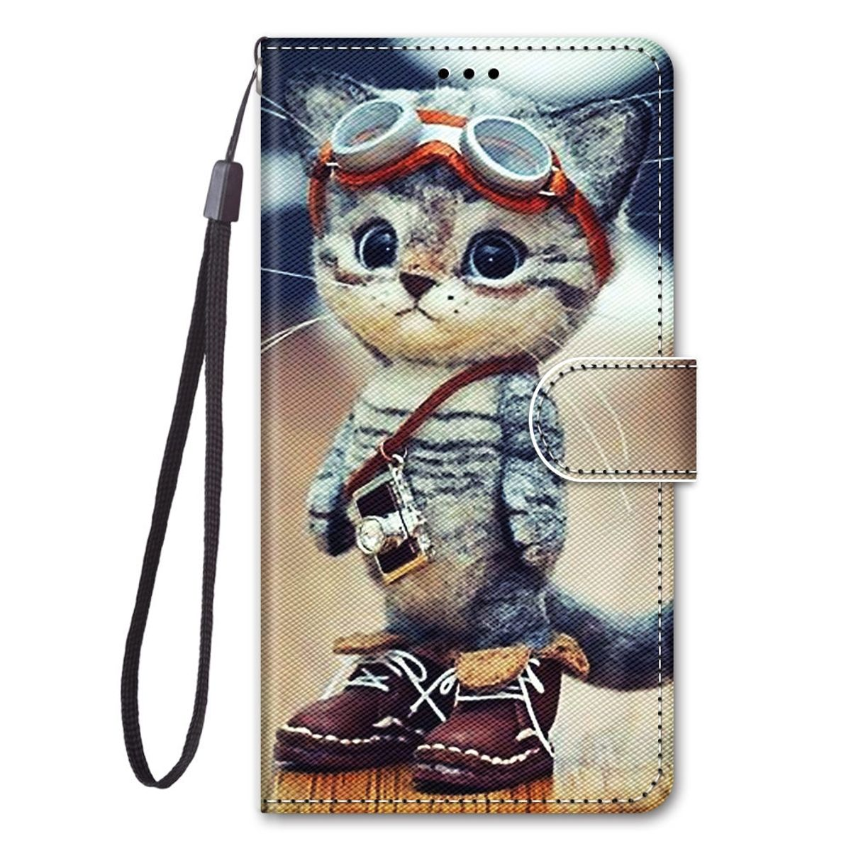 Eine Katze mit Schutzbrille auf einer Handyhülle. Sie trägt Stiefel und eine Kamera. Die Hülle hat einen Riemen.
