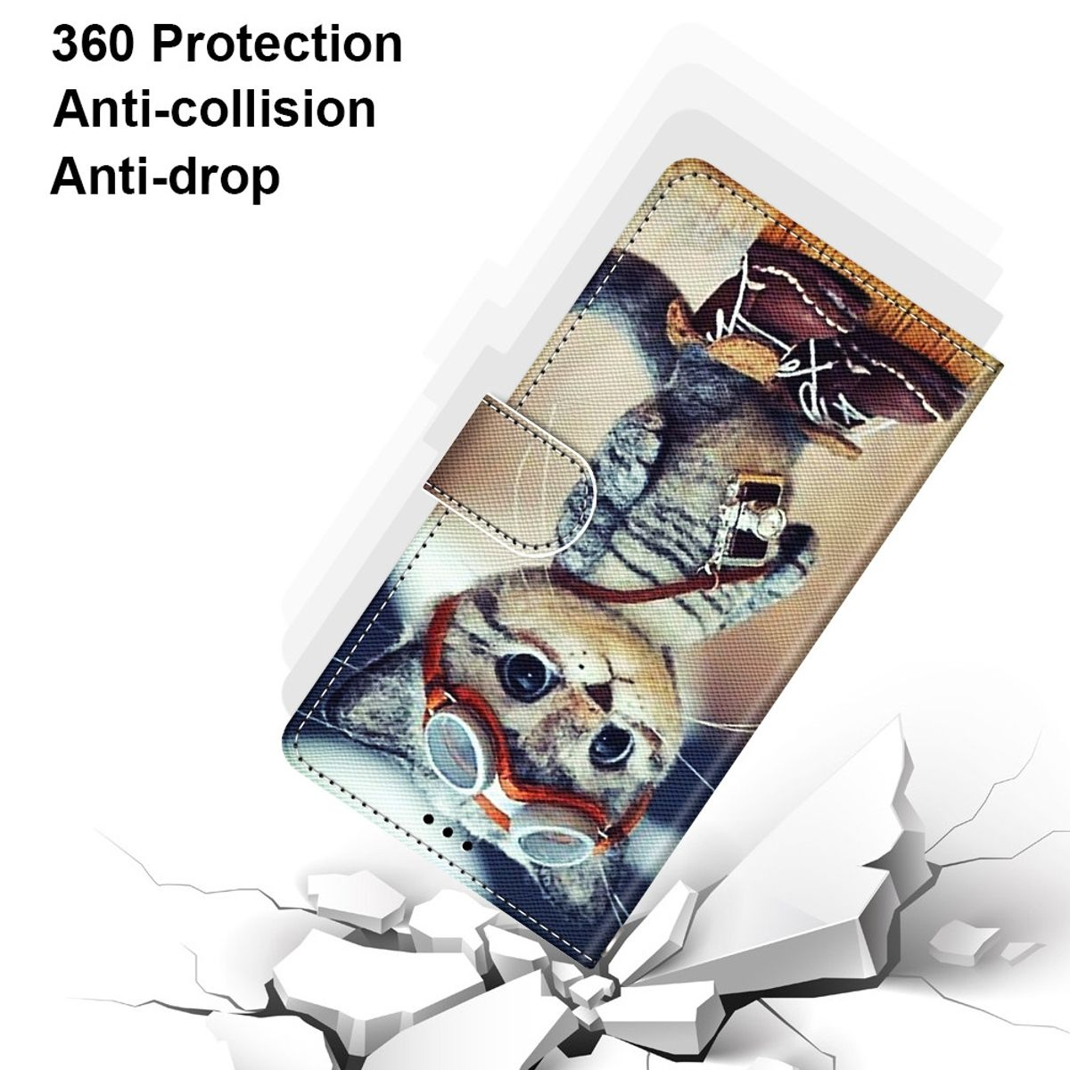 Handyhülle mit Katzenillustration und Schutzbrille, Text: 360 Protection, Anti-Kollision, Anti-Drop.