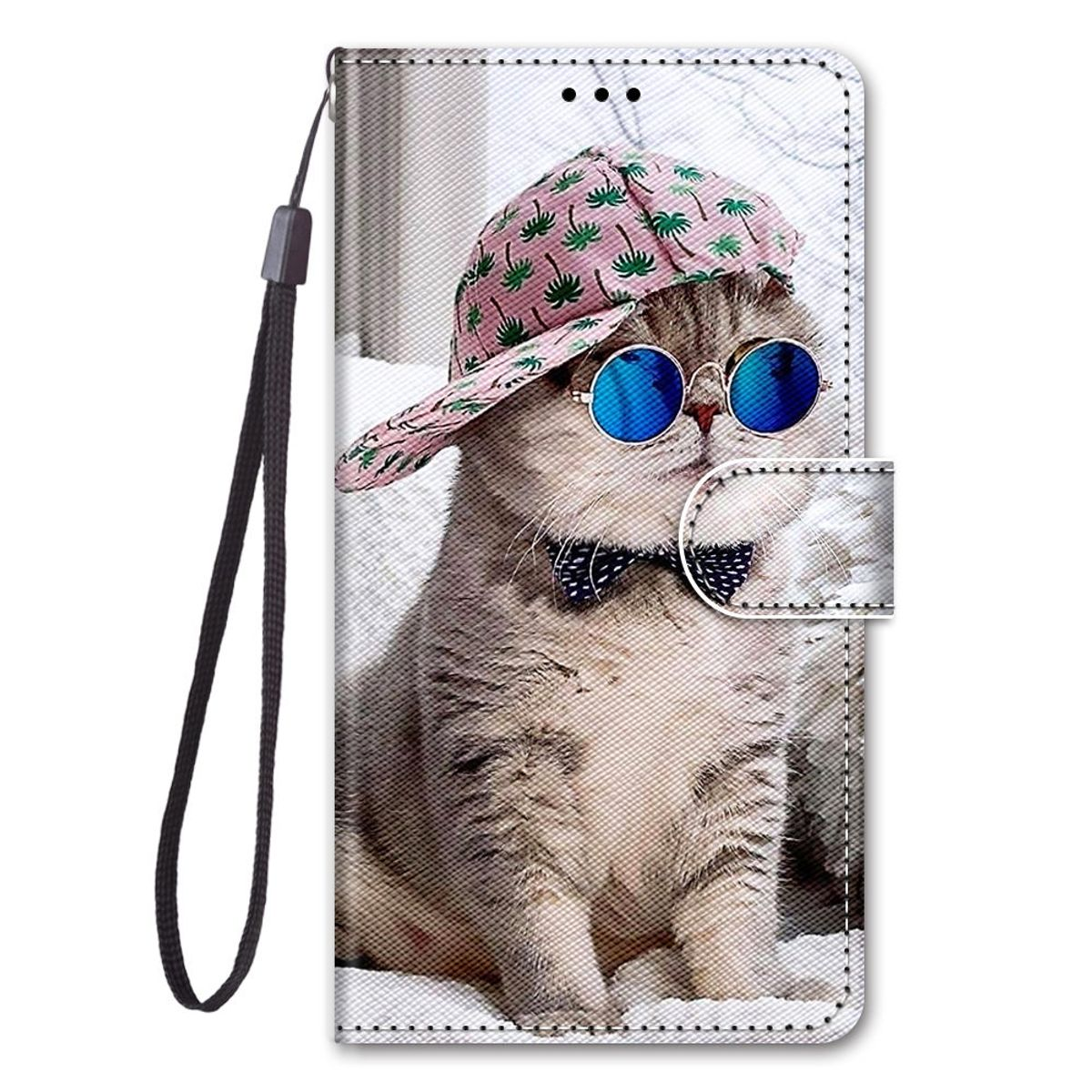 Katze mit Sonnenbrille und Hut auf Handyhülle, mit Umhängeband.